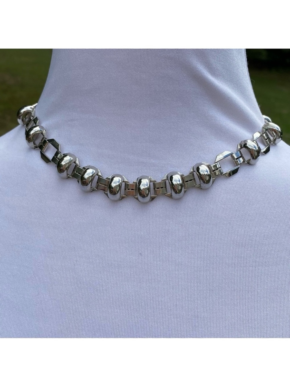 VINTAGE NECKLACE LINKS SILVER TONE MODERNIST STATEMENT CHOKER 15”